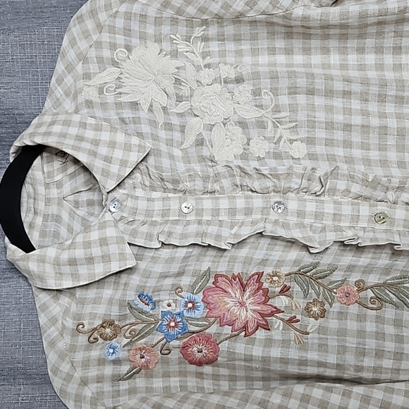 KYLA SEO 100% LINEN BLOUSE IN BEIGE FLORAL GINGHAM - Picture 3 of 8